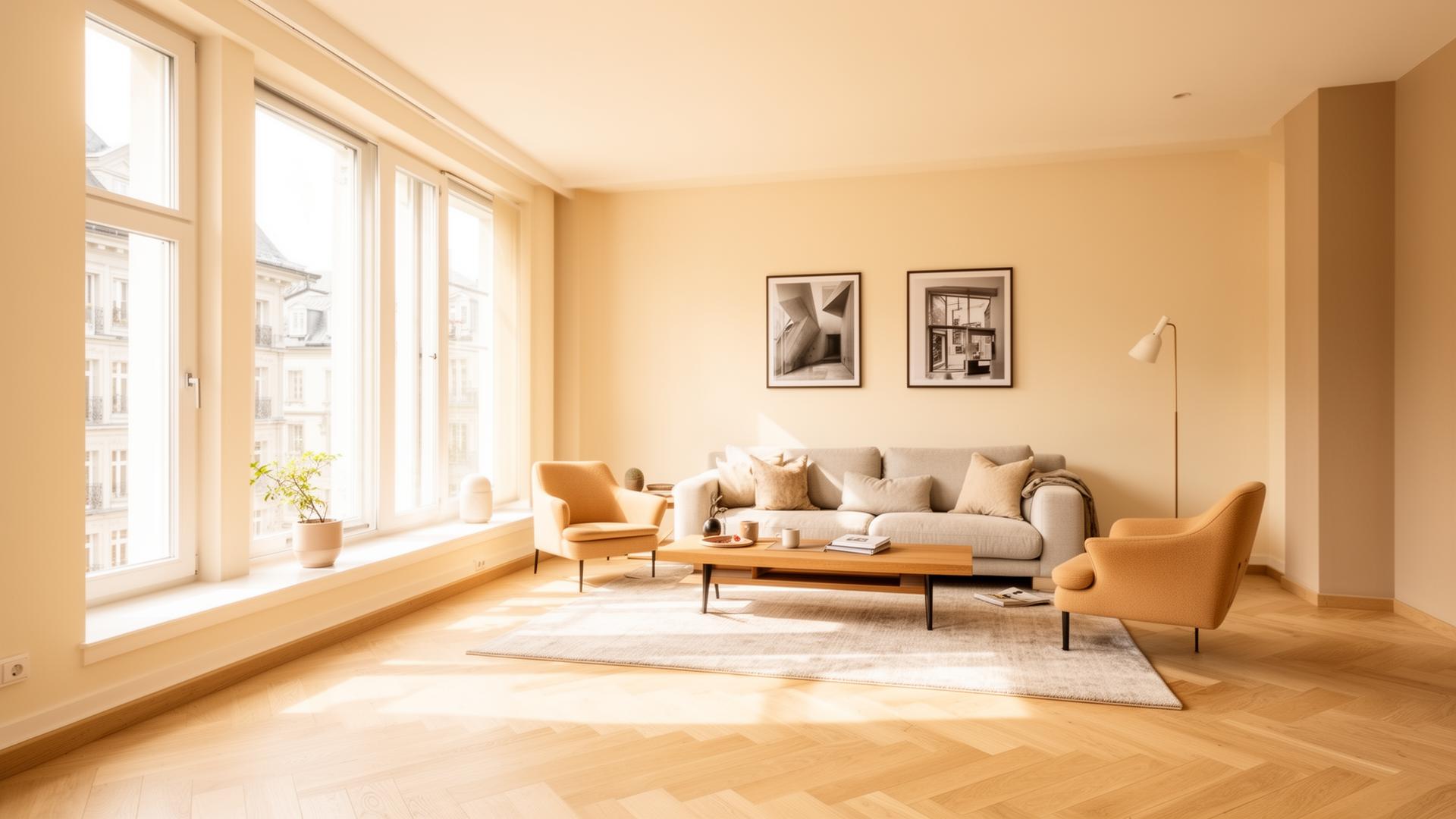 Heller, modern renovierter Wohnraum mit Eichenparkett und großen Fenstern