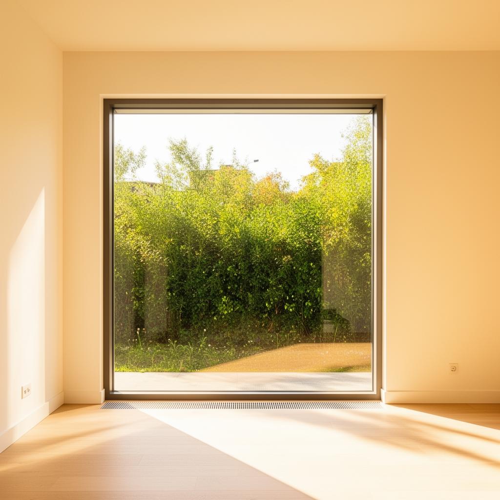 Großes modernes Rekord-Fenster mit Blick ins Grüne und warmem Tageslicht